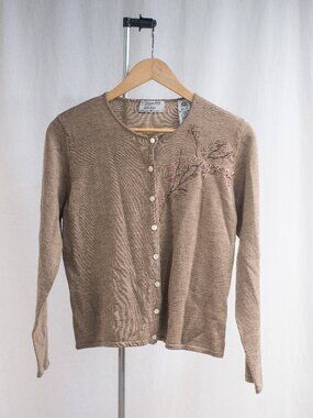 Lord & Taylor 100% Pure New Merino Wool Cardigan Embroidered Blossom Detailing